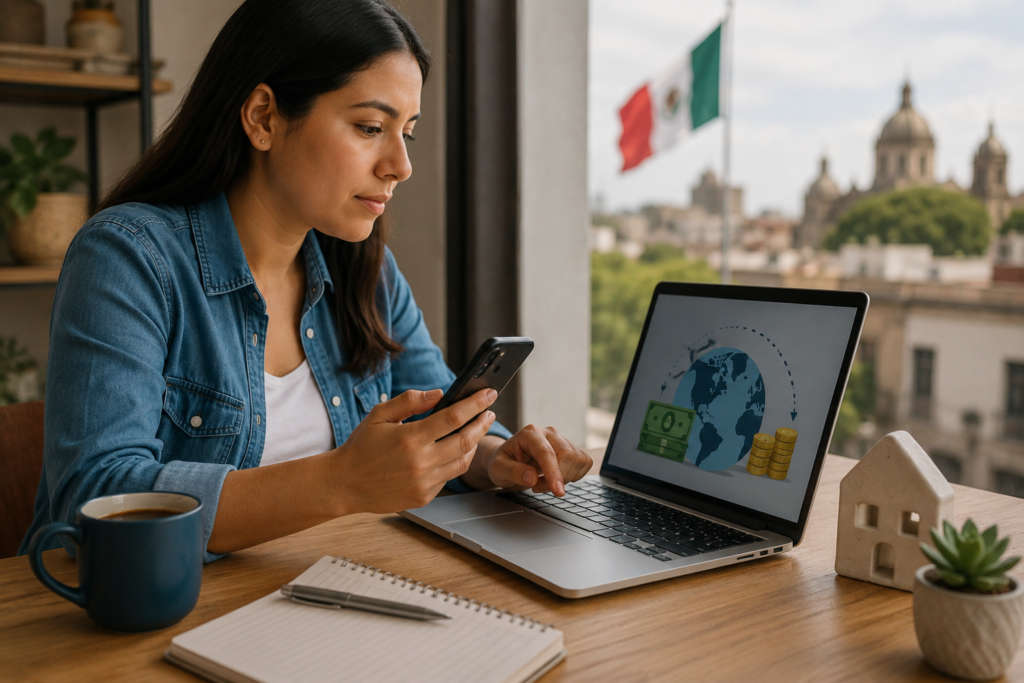 Persona enviando dinero desde Estados Unidos a México mientras compara métodos de transferencia para evitar el nuevo impuesto sobre remesas.