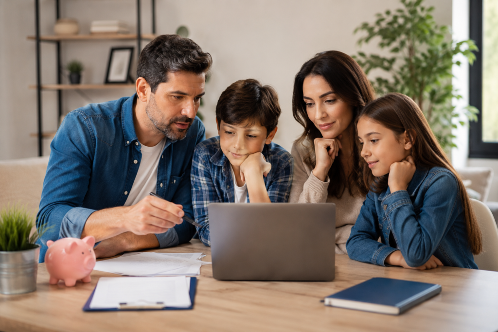 Jefe de familia revisando opciones de seguro de vida para proteger el futuro financiero de su esposa e hijos.