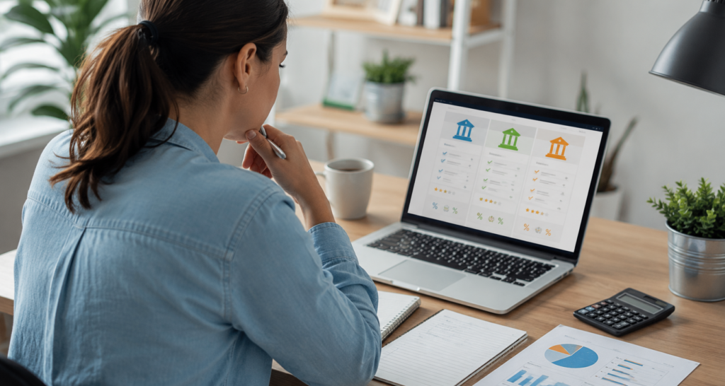 Persona comparando diferentes ofertas de préstamos personales y tasas de interés en una computadora antes de solicitar un crédito.